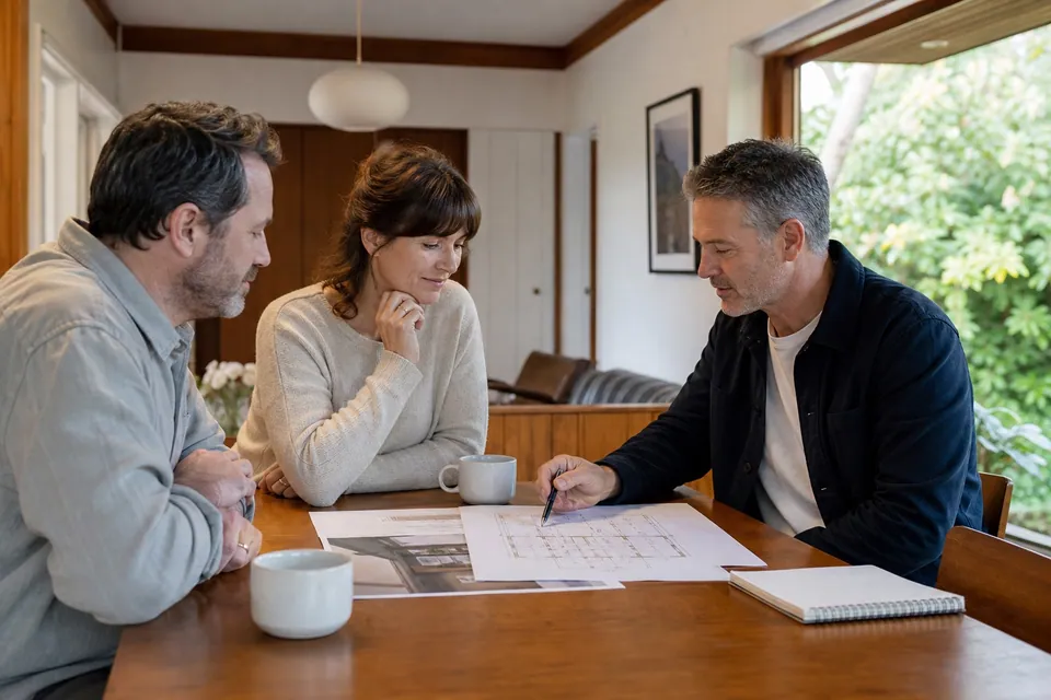 Homeowners reviewing a residential plan with an independent adviser
