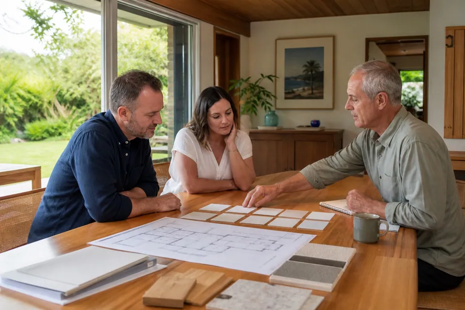 Homeowners reviewing a renovation timeline with an independent adviser
