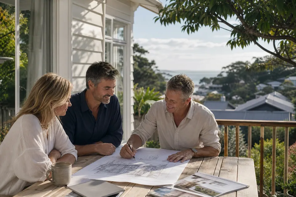 Illustrative planning discussion on an elevated coastal weatherboard-home deck