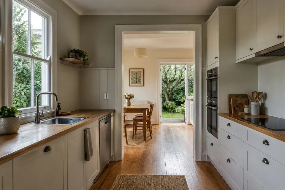 Character-home kitchen with timber floors and garden outlook