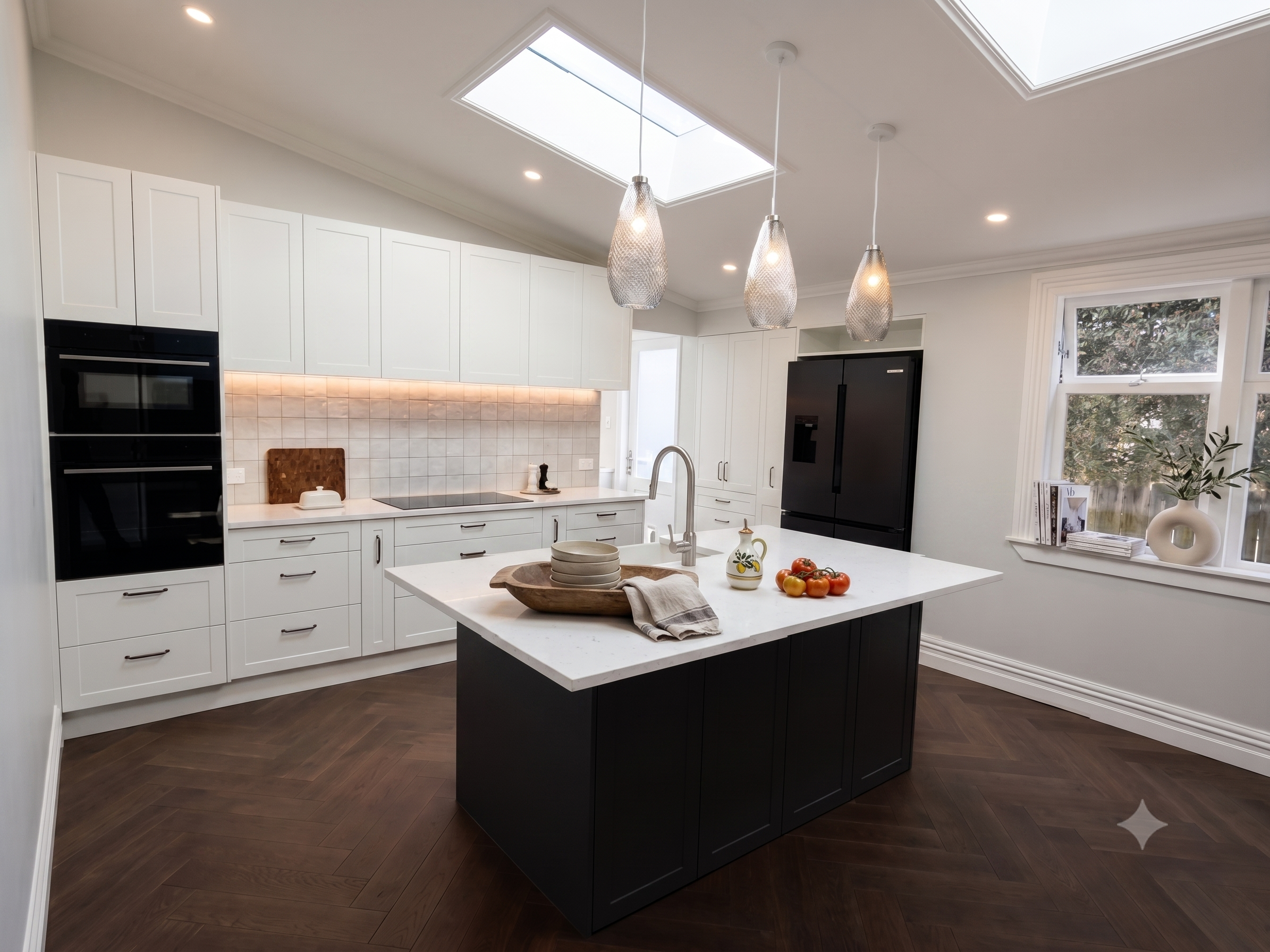 Completed kitchen with central island and skylights in Onehunga